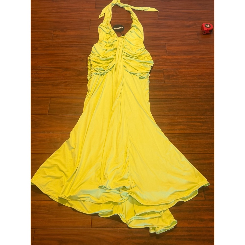 Babyboo Rosetta Maxi Dress Lime Green Ruched Halter Gown BBF4037-D XL - Picture 3 of 8